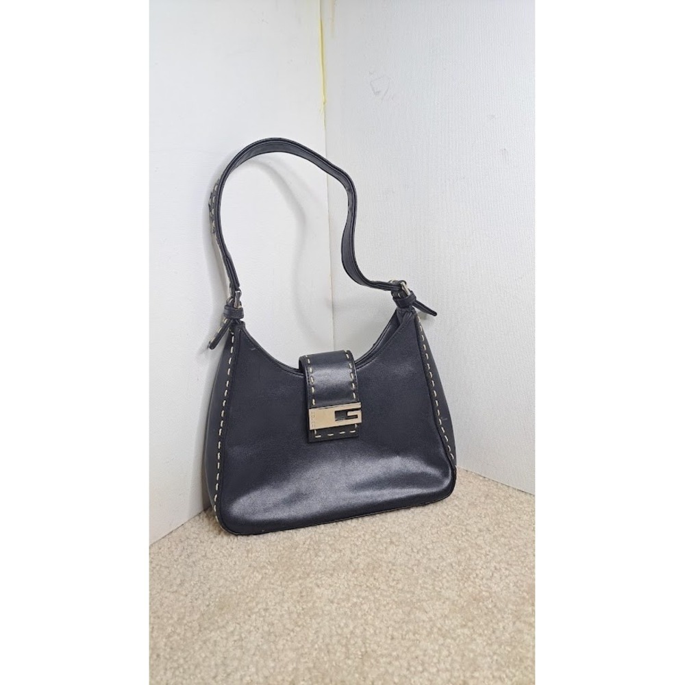 VTG Y2K GUESS Women's Faux Black Leather Hobo Shoulder Mini Silver Logo Bag
